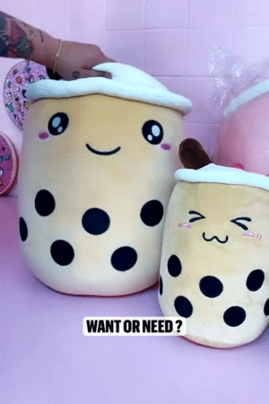 Cute Bubble Tea Big Plushie Pillow – Brown (Open Eyes, 9.4")