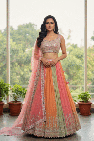 Multi Color Wedding Wear Zari Sequins Embroidery Work Georgette Lehenga Choli