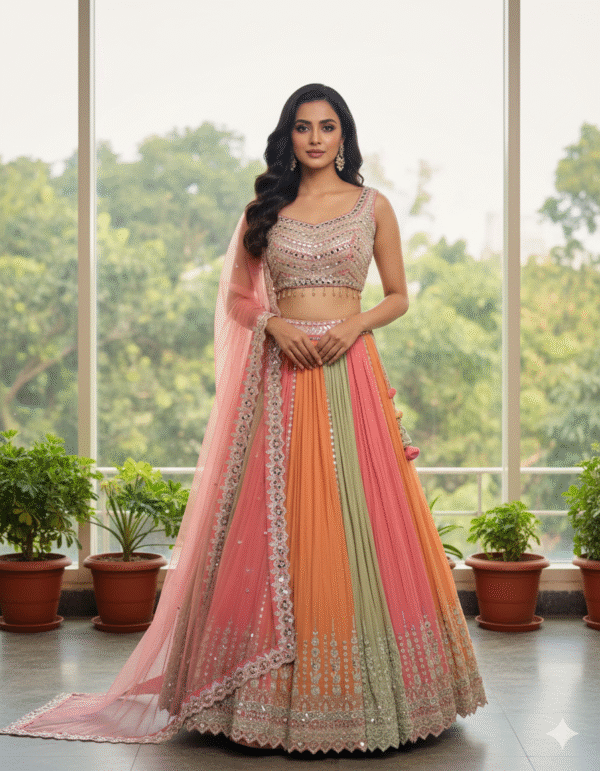 Multi Color Wedding Wear Zari Sequins Embroidery Work Georgette Lehenga Choli