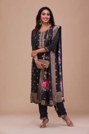 Black Zariwork Art Silk Readymade Salwar Suit