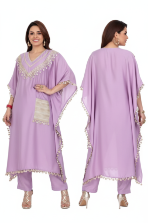 Women’s V-Neck Mirror & Lace Work Kurta with Pant – Elegant Ethnic Charm