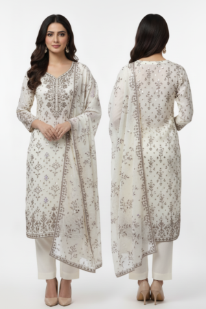 Women Ethnic Motifs Embroidered V-Neck Anarkali Kurta with Palazzos & Dupatta – Elegant Festive Ensemble