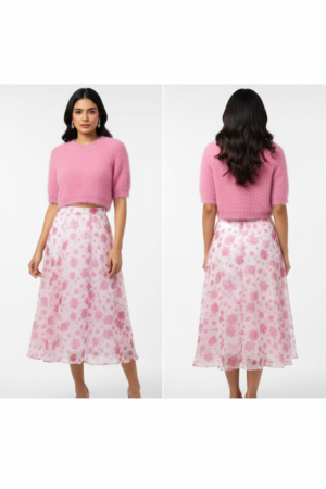 Women Floral Print Flared Pink Skirt and Top – Elegant Ethnic Fusion Set