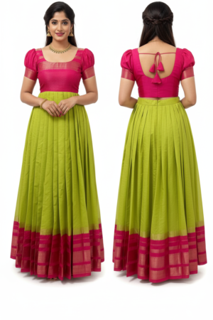 Women’s Pink and Green Cotton Silk Dress – Ethnic Elegance Meets Comfort