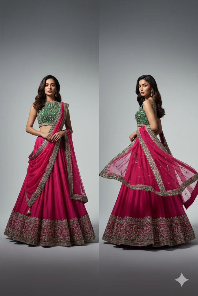 Hand Embroidered Fuchsia Pink Pure Georgette Lucknowi Chikankari Lehenga Set With Muqaish Work