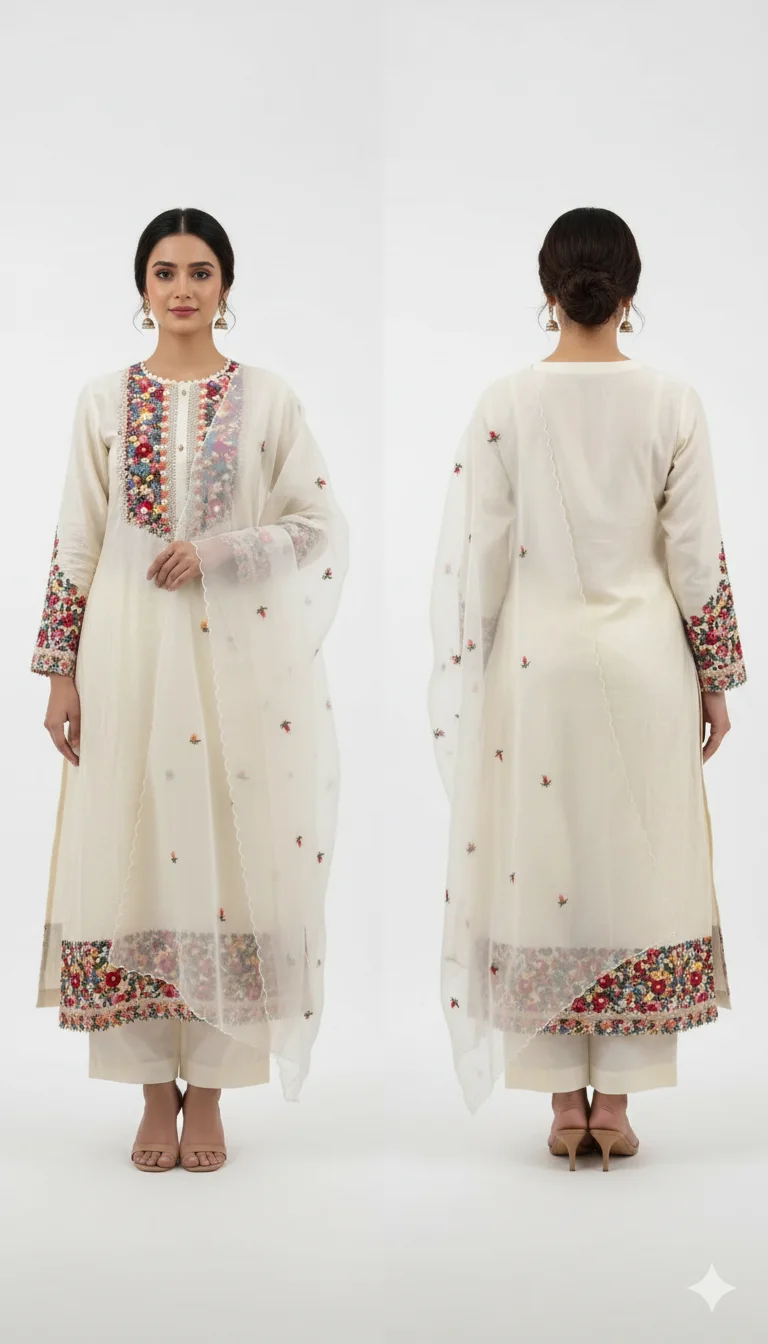 White Hand Painted Silk Shantung Suit Set