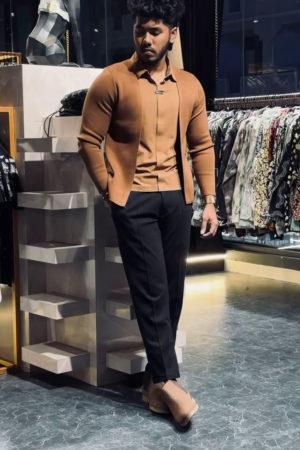 Men’s Slim-Fit Layered Knit Shirt with Open Cardigan Style