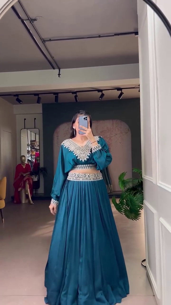 Embroidered Thread Work Semi-Stitched Lehenga - Image 8
