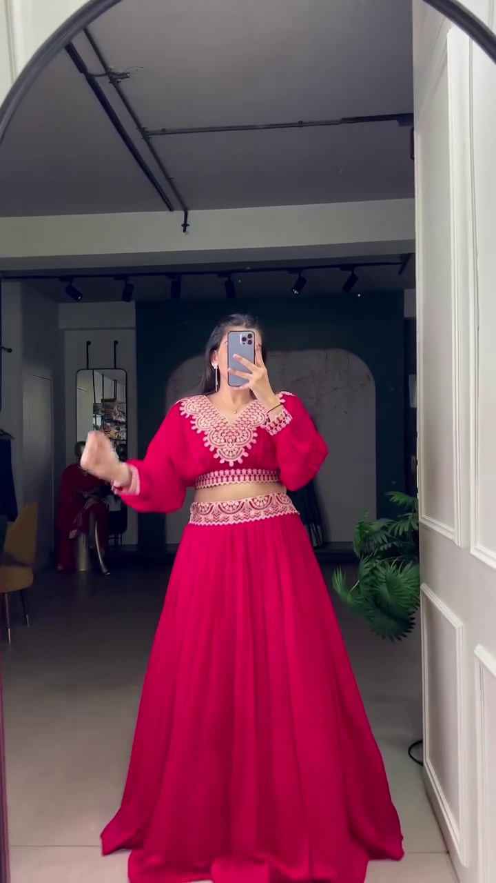 Embroidered Thread Work Semi-Stitched Lehenga - Image 6