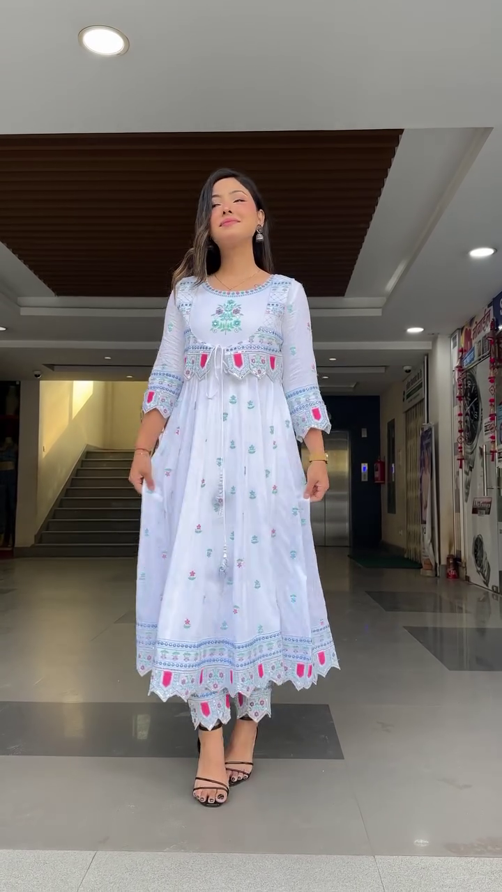 Dresser Women's Floral Embriodered Work Anarkali Kurta With Pant and Dupatta - Image 11