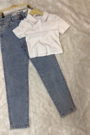 White Cropped Polo & Light Wash Slim-Fit Jeans – Effortless Everyday Cool
