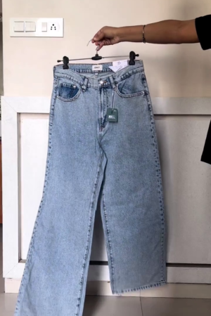 women's high-rise, wide-leg denim jeans in a light blue wash.